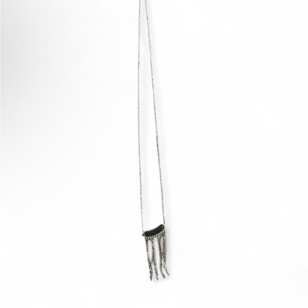 Silver Chain 19” Necklace with Black Accent and Fringe